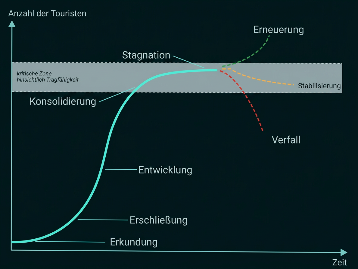Diagramm zur Entwicklung des Tourismus mit Phasen von Erkundung bis Erneuerung, Stabilisierung oder Verfall.
